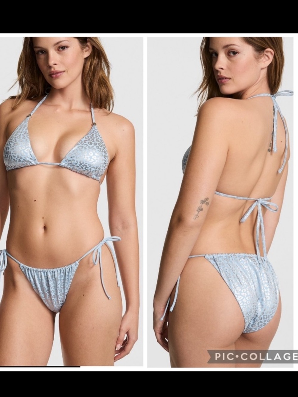 💖VS Pink leopard print string bikini blue & silver foil shine sz M NWT